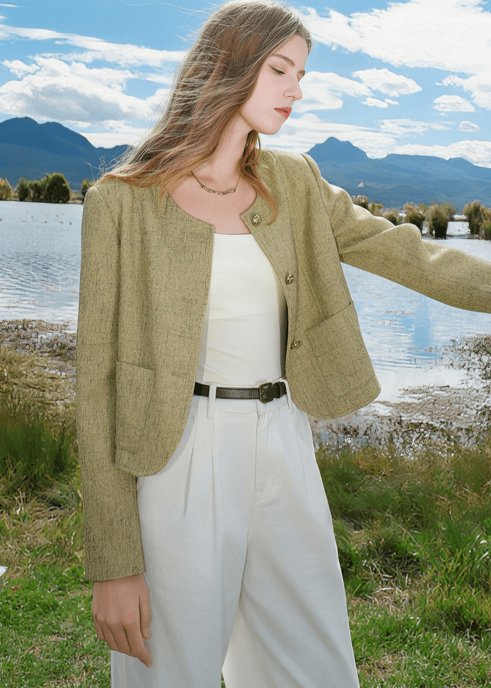 COLLARLESS TWEED CROP JACKET - ANLEM