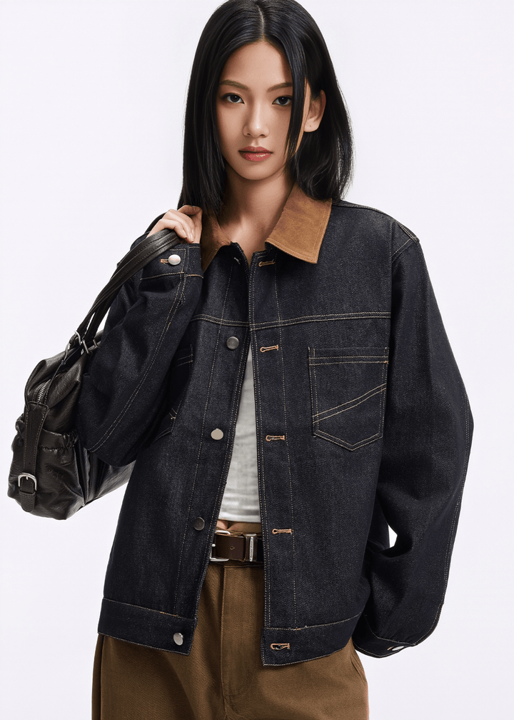 CONTRAST COLLAR DENIM JACKET - ANLEM
