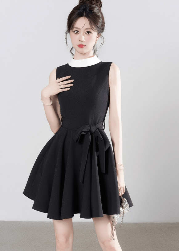CONTRAST COLLAR FLARE DRESS - ANLEM