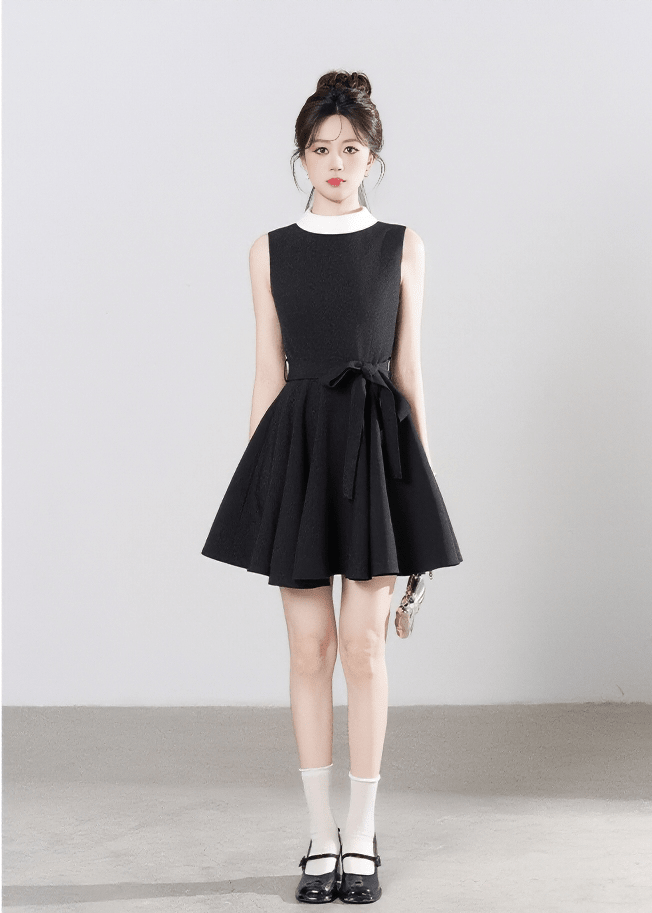 CONTRAST COLLAR FLARE DRESS - ANLEM