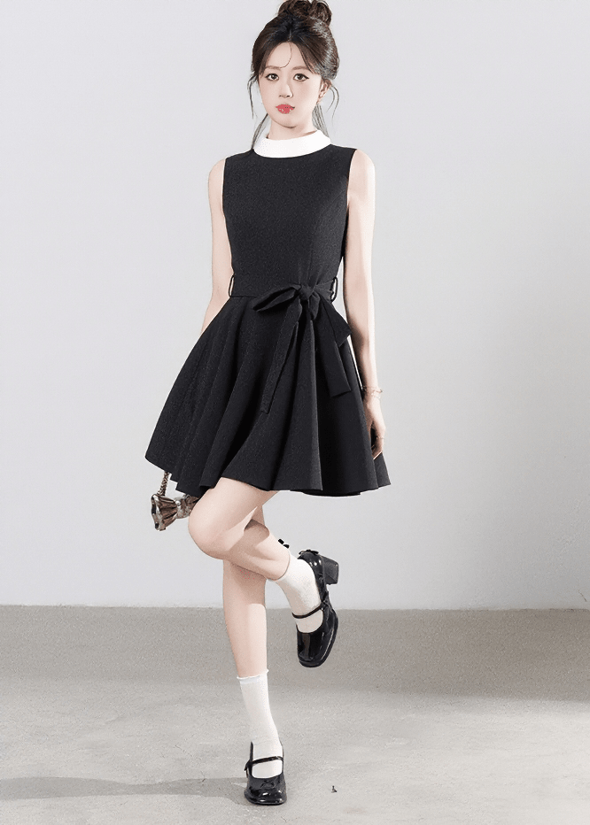 CONTRAST COLLAR FLARE DRESS - ANLEM
