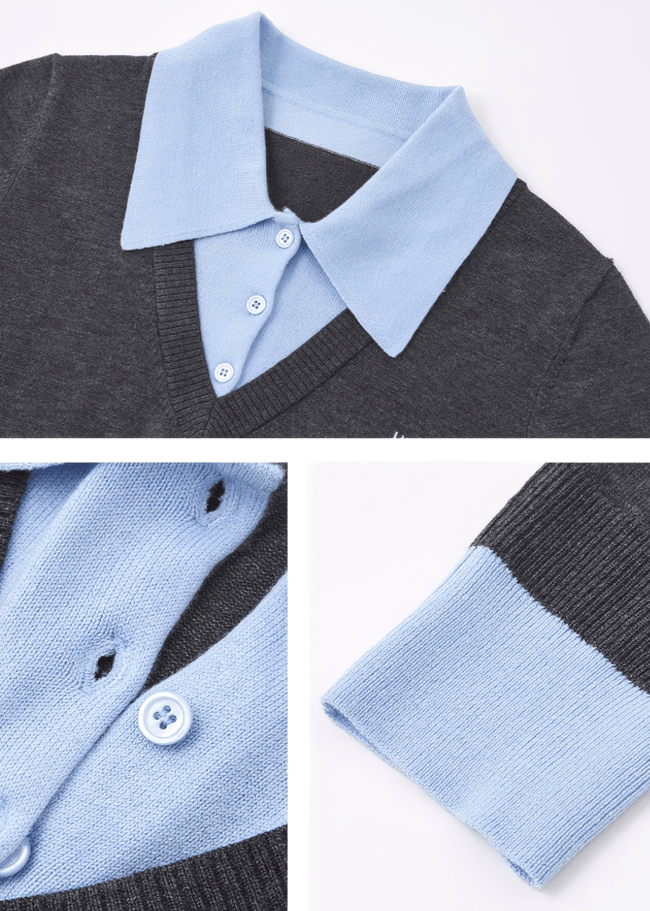 CONTRAST COLLAR V NECK KNIT SWEATER - ANLEM