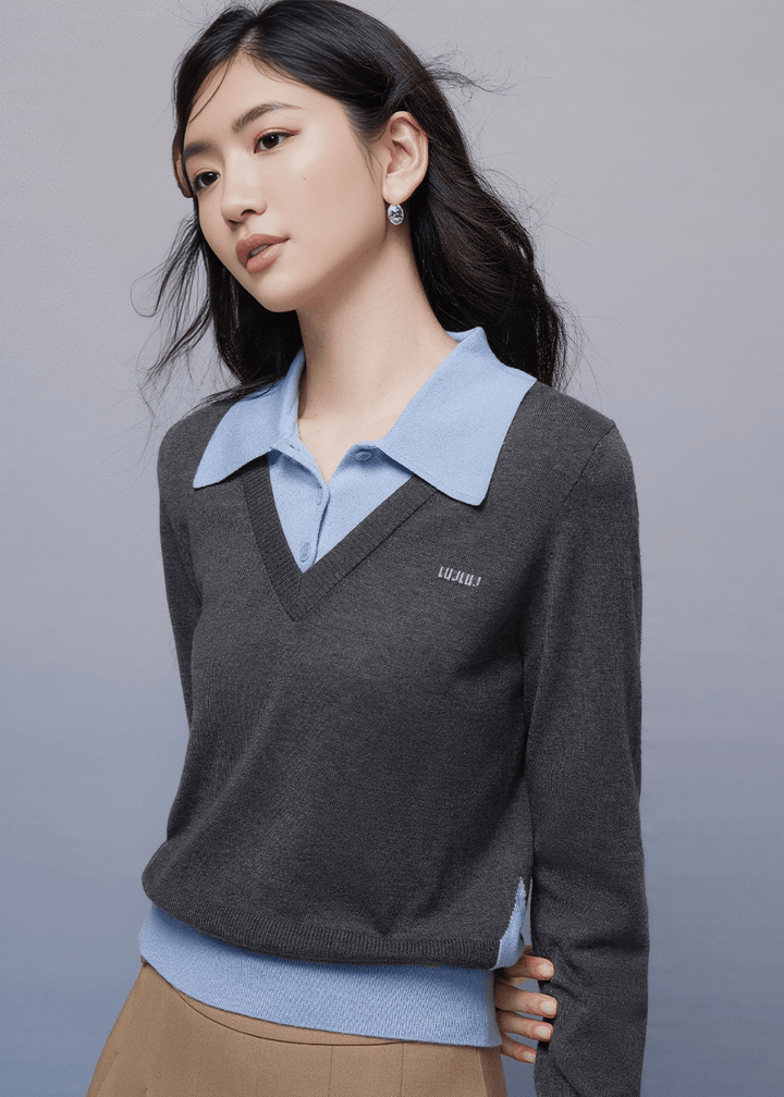 CONTRAST COLLAR V NECK KNIT SWEATER - ANLEM