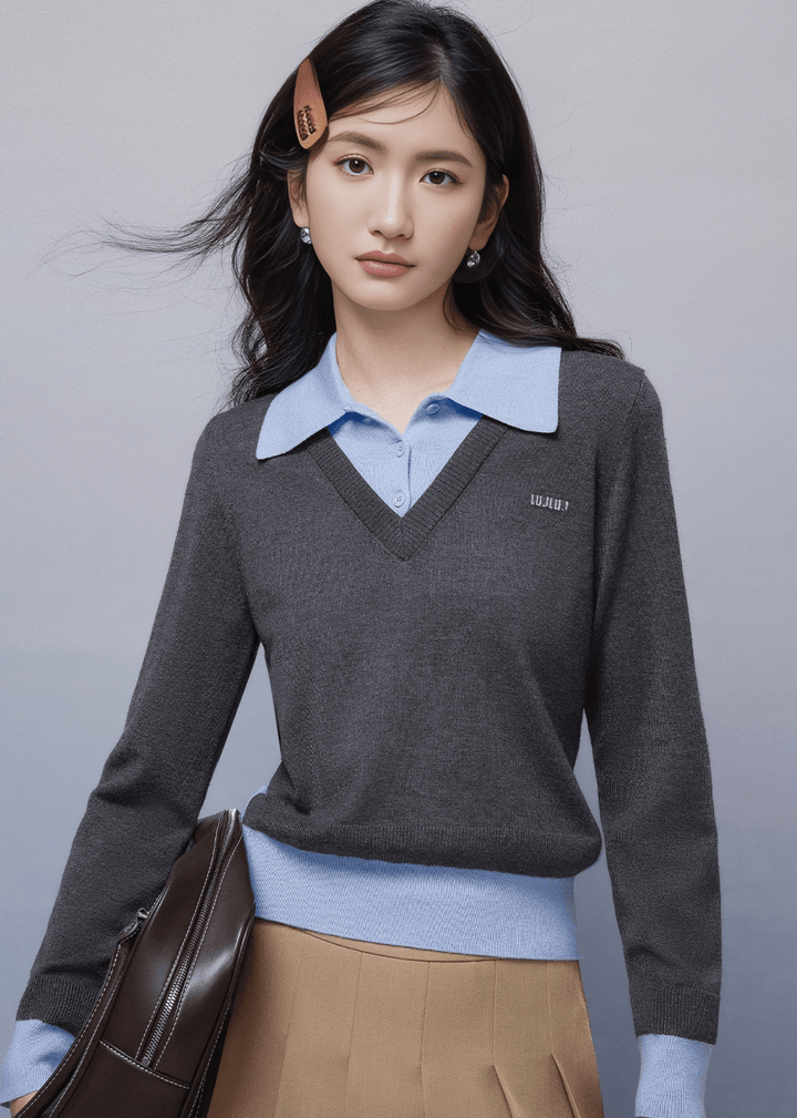 CONTRAST COLLAR V NECK KNIT SWEATER - ANLEM