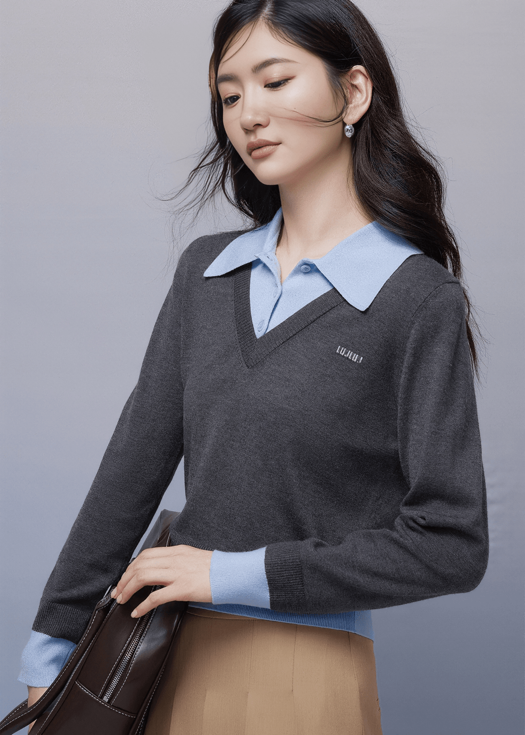 CONTRAST COLLAR V NECK KNIT SWEATER - ANLEM