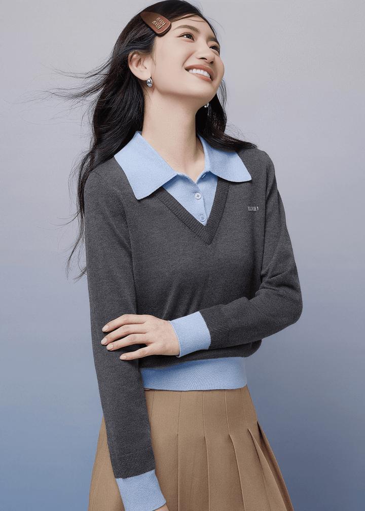 CONTRAST COLLAR V NECK KNIT SWEATER - ANLEM