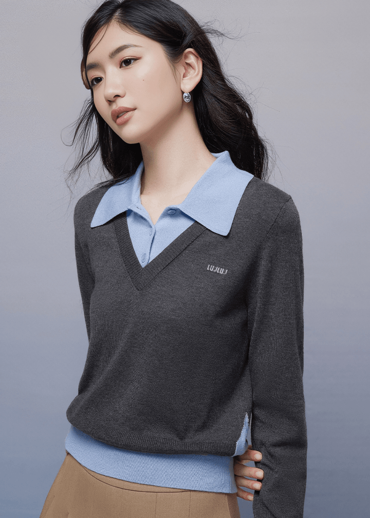 CONTRAST COLLAR V NECK KNIT SWEATER - ANLEM