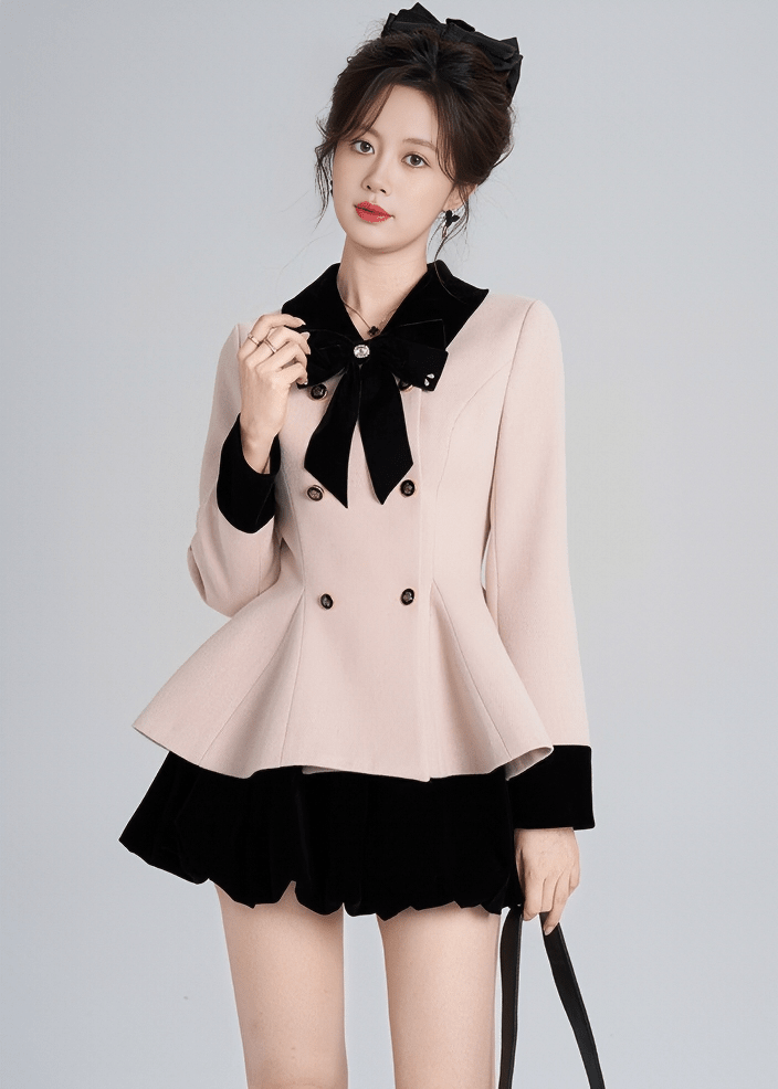 CONTRAST VELVET COLLAR PEPLUM COAT - ANLEM