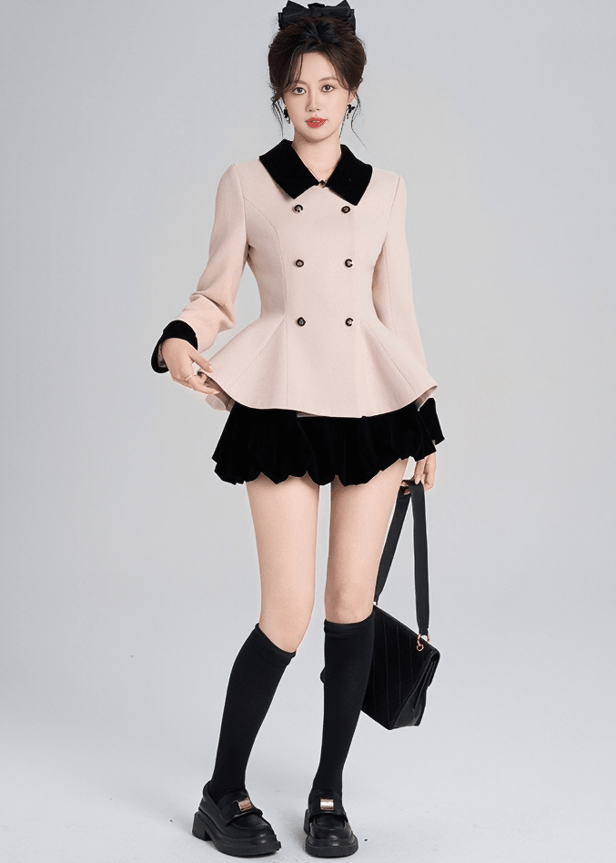 CONTRAST VELVET COLLAR PEPLUM COAT - ANLEM
