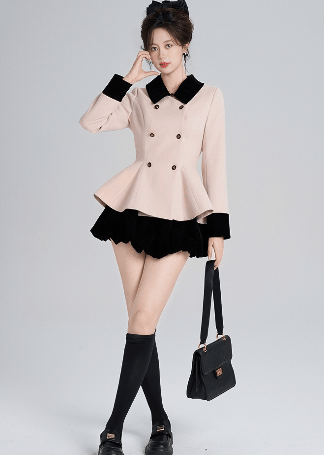 CONTRAST VELVET COLLAR PEPLUM COAT - ANLEM
