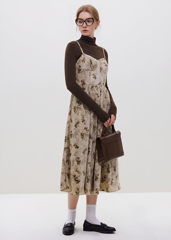 CORDUROY FLORAL SUSPENDER DRESS - ANLEM