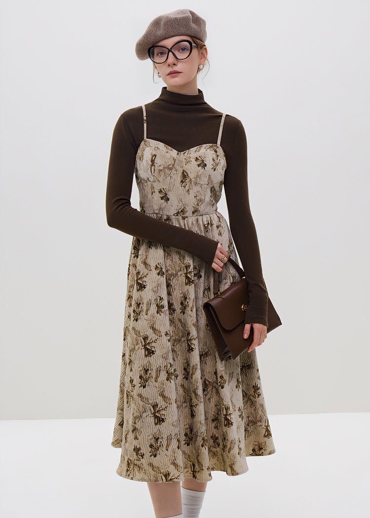 CORDUROY FLORAL SUSPENDER DRESS - ANLEM