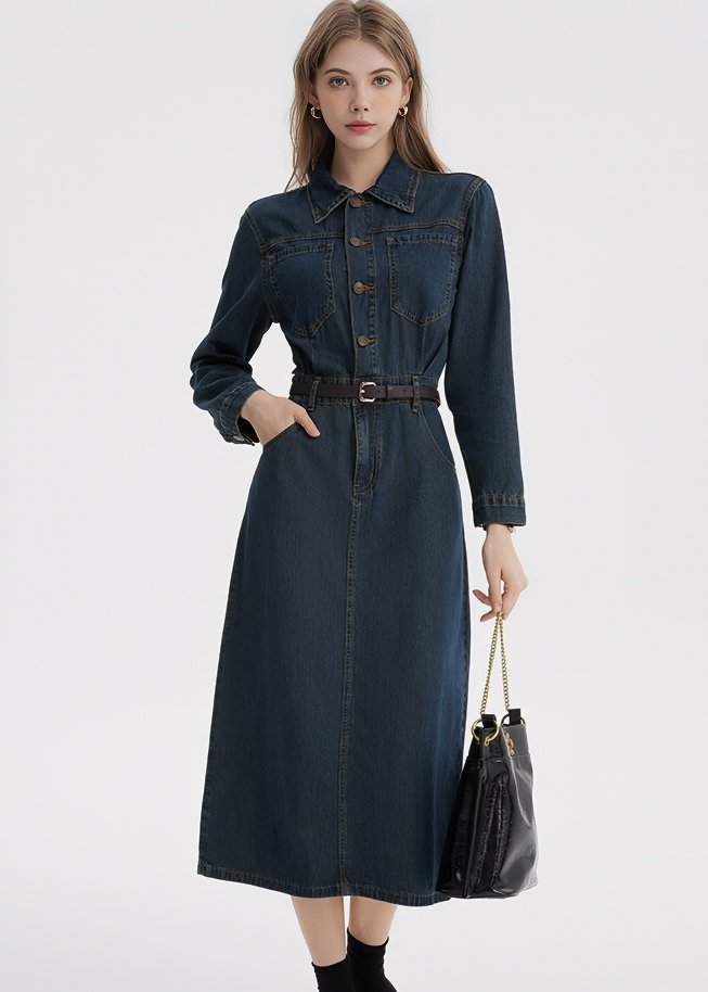 DENIM SHIRT BELT DRESS - ANLEM