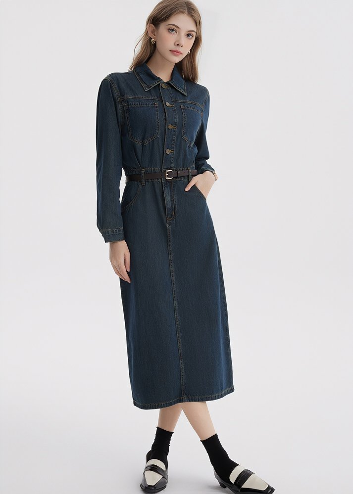 DENIM SHIRT BELT DRESS - ANLEM