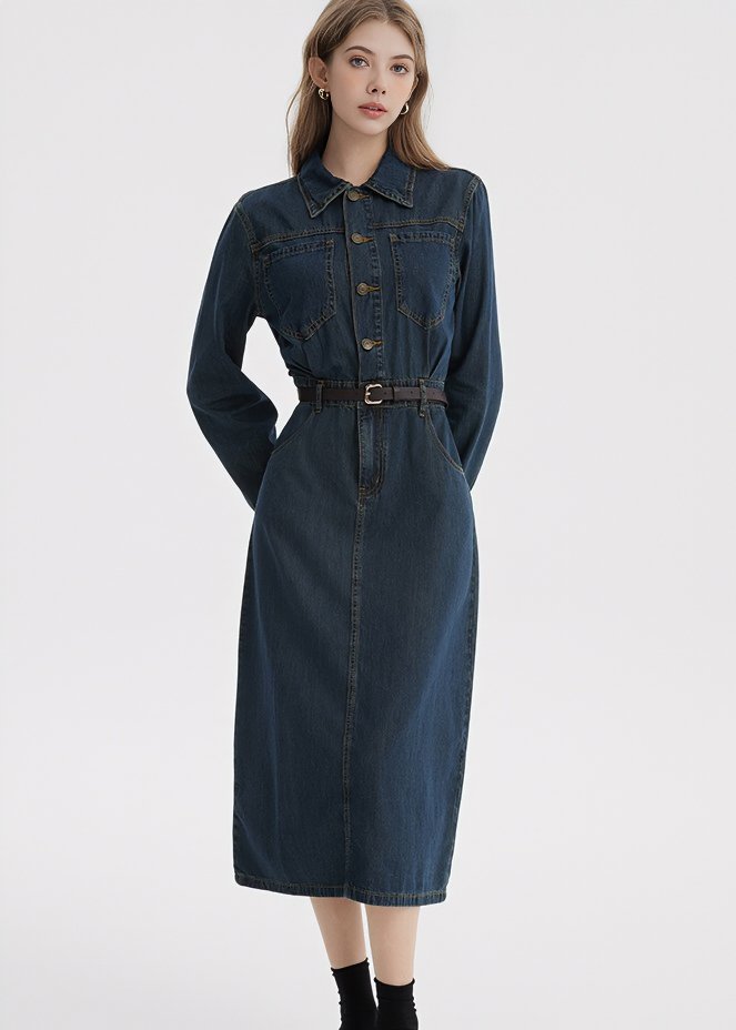 DENIM SHIRT BELT DRESS - ANLEM