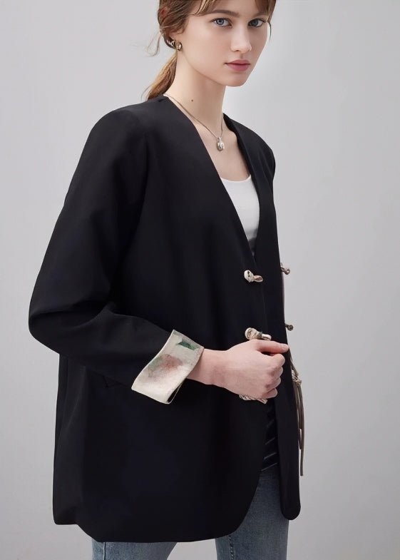 DISC BUCKLE V - NECK BLACK BLAZER - ANLEM