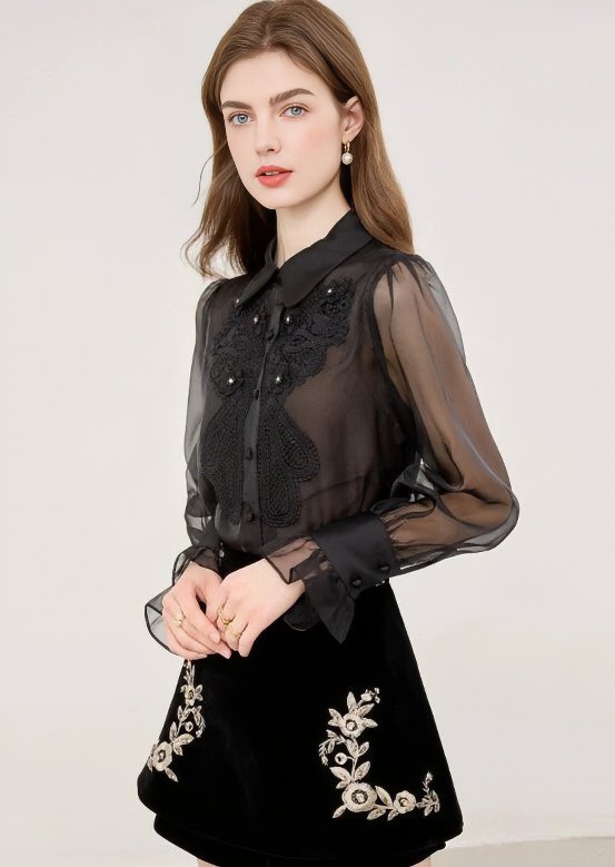 EMBROIDERED LACE SHEER SHIRT - ANLEM