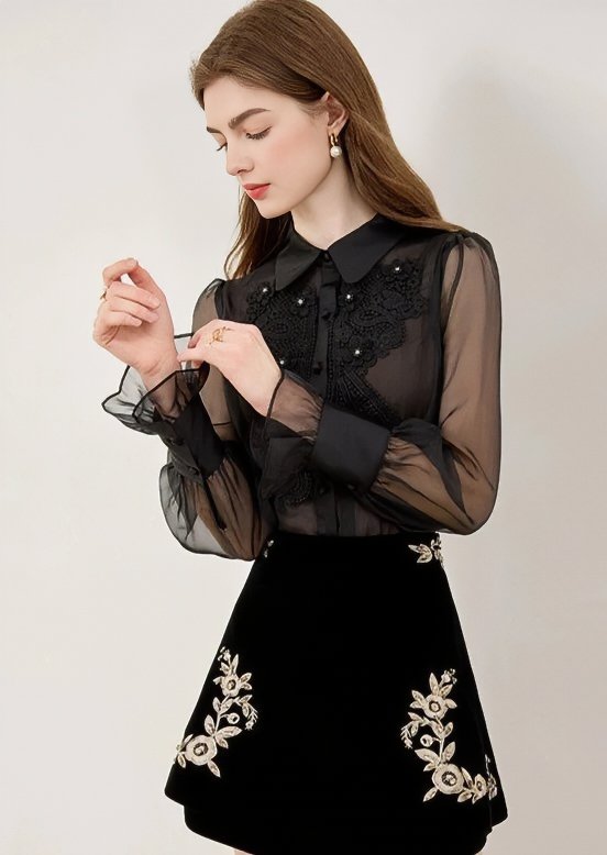 EMBROIDERED LACE SHEER SHIRT - ANLEM