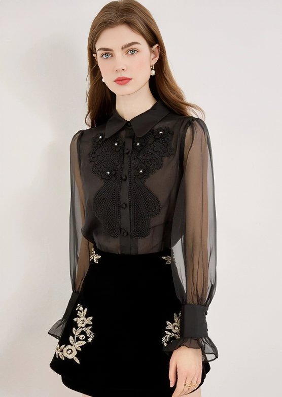 EMBROIDERED LACE SHEER SHIRT - ANLEM