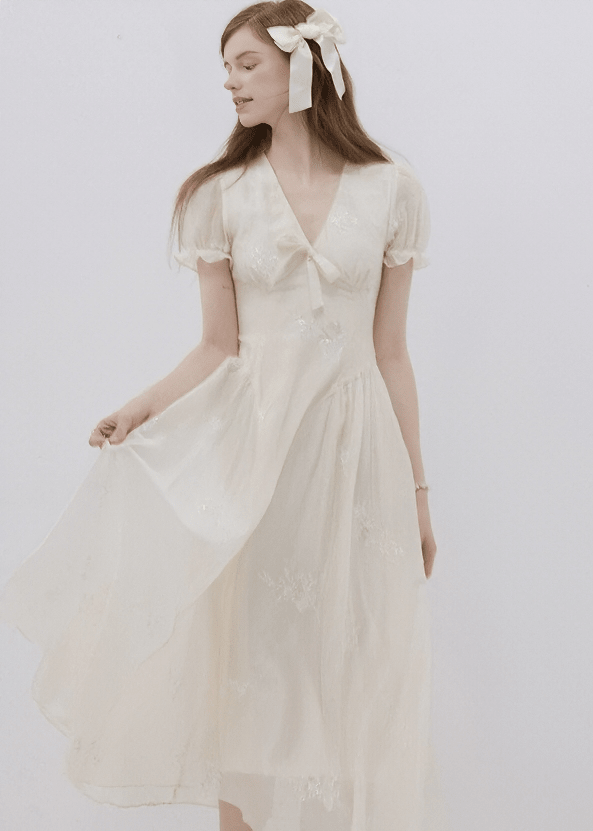 EMBROIDERED PUFF SLEEVE DRESS - ANLEM
