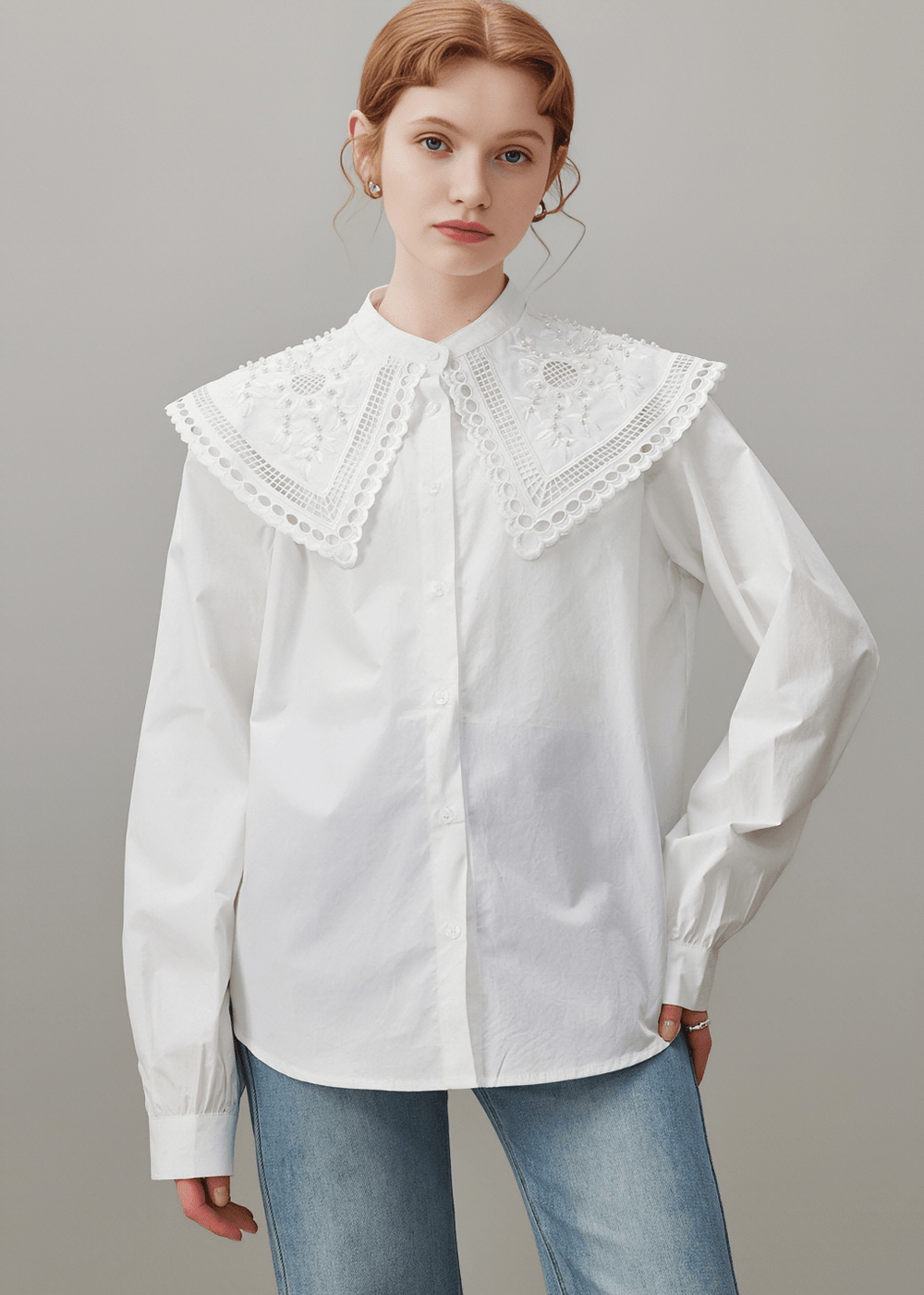EYELET LACE BIG COLLAR BLOUSE - ANLEM