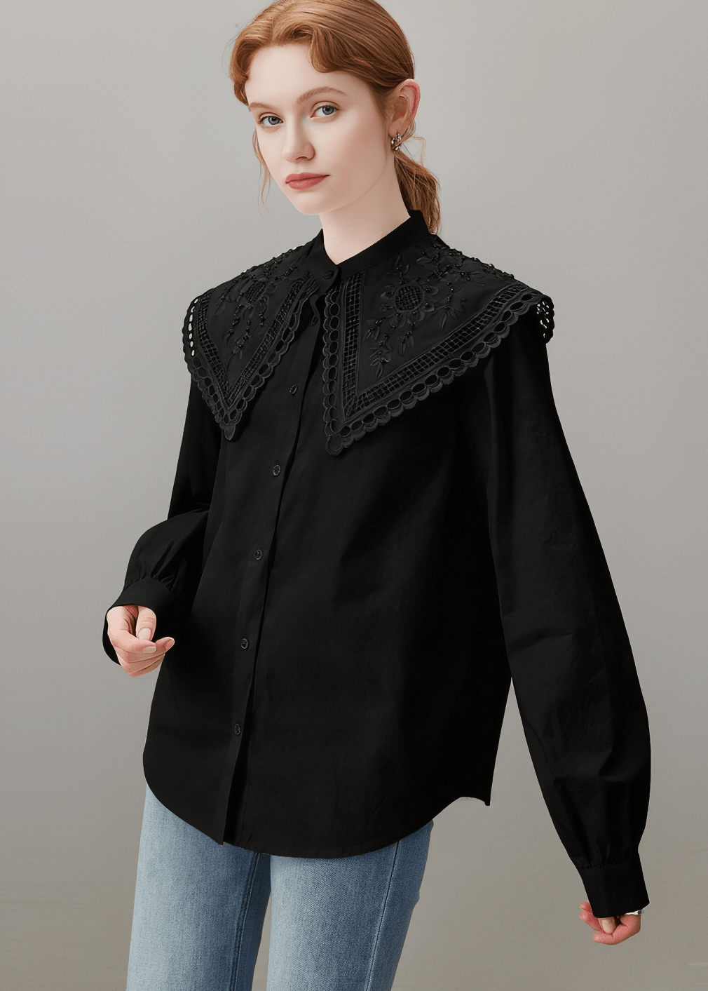 EYELET LACE BIG COLLAR BLOUSE - ANLEM