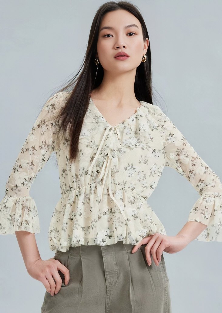 FLORAL CROPPED SLEEVE TOPS - ANLEM