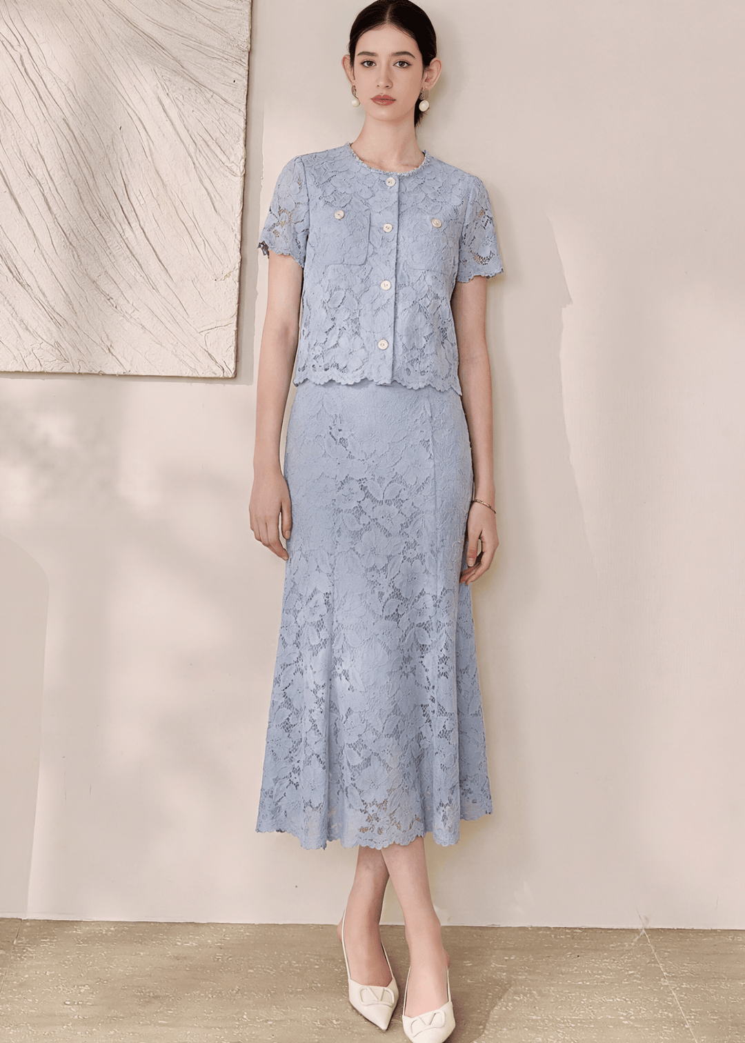 FLORAL LACE SHORT SLEEVE TOP & SKIRT - ANLEM