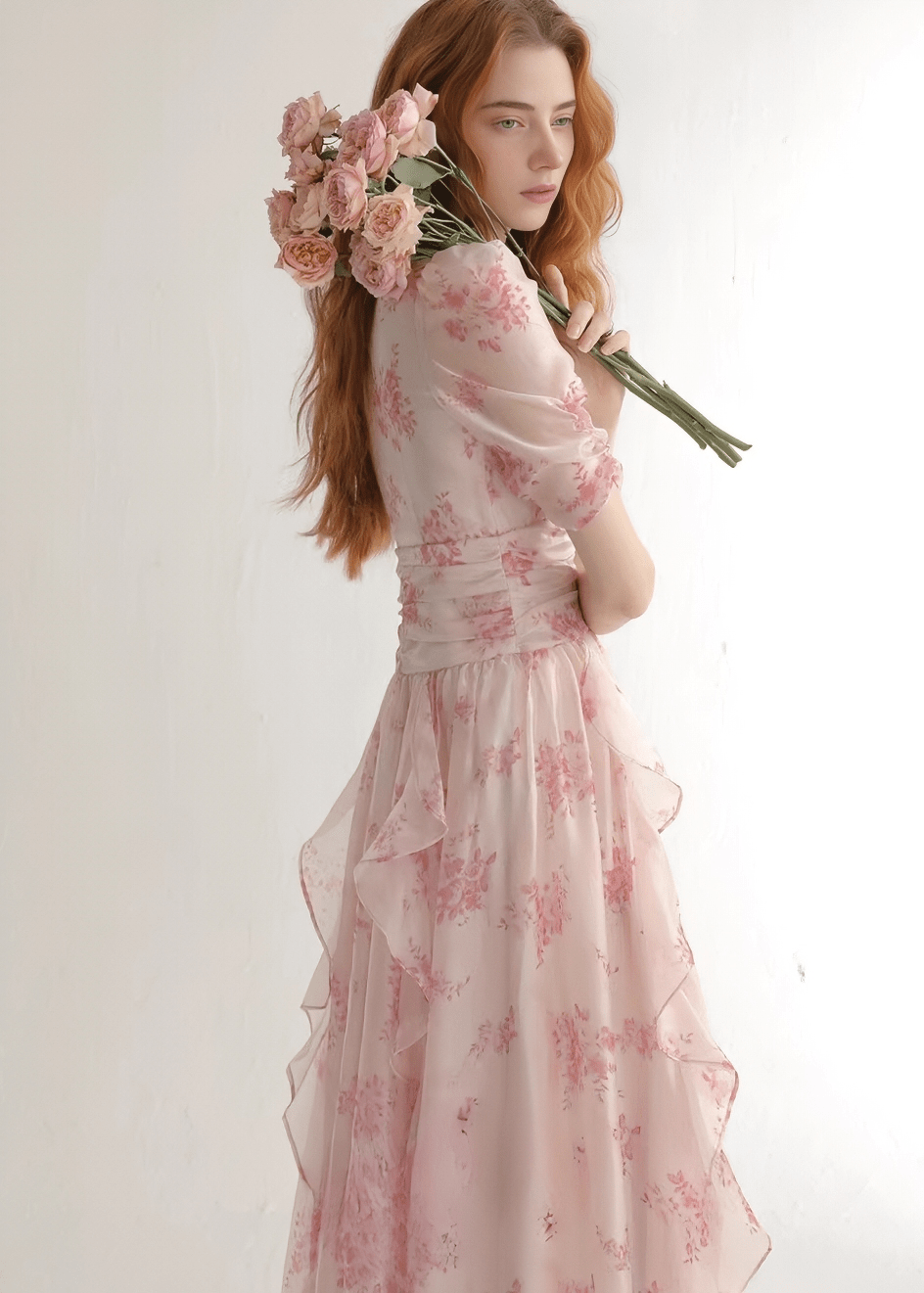 FLORAL V - NECK RUFFLE MAXI DRESS - ANLEM