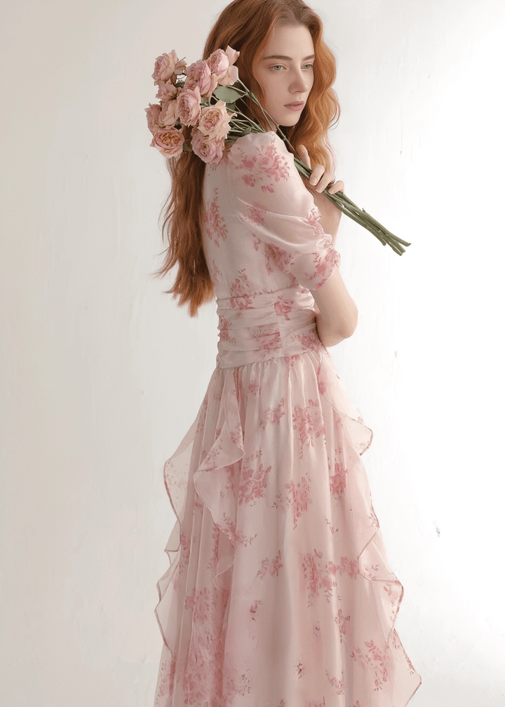 FLORAL V - NECK RUFFLE MAXI DRESS - ANLEM