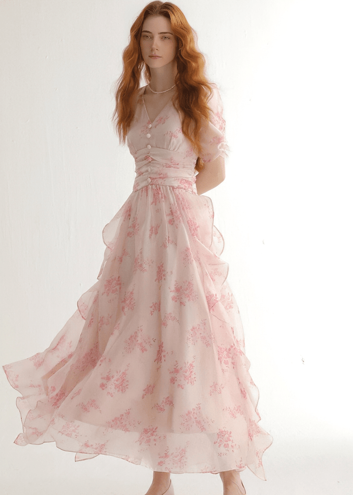 FLORAL V - NECK RUFFLE MAXI DRESS - ANLEM