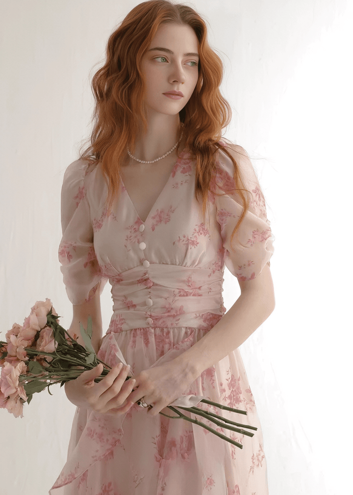 FLORAL V - NECK RUFFLE MAXI DRESS - ANLEM