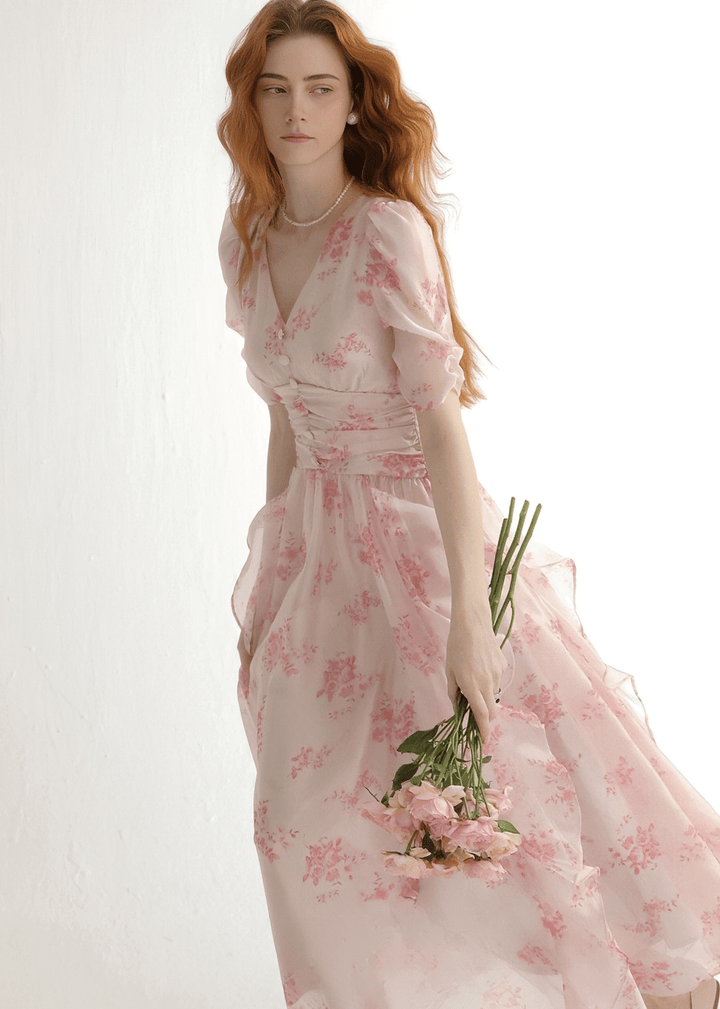 FLORAL V - NECK RUFFLE MAXI DRESS - ANLEM