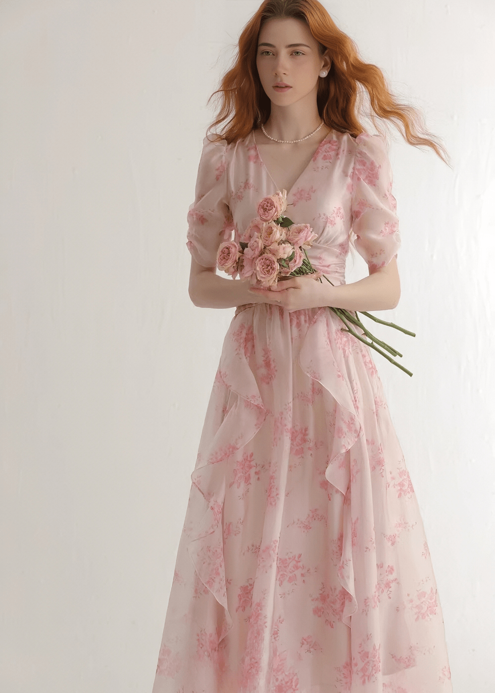 FLORAL V - NECK RUFFLE MAXI DRESS - ANLEM