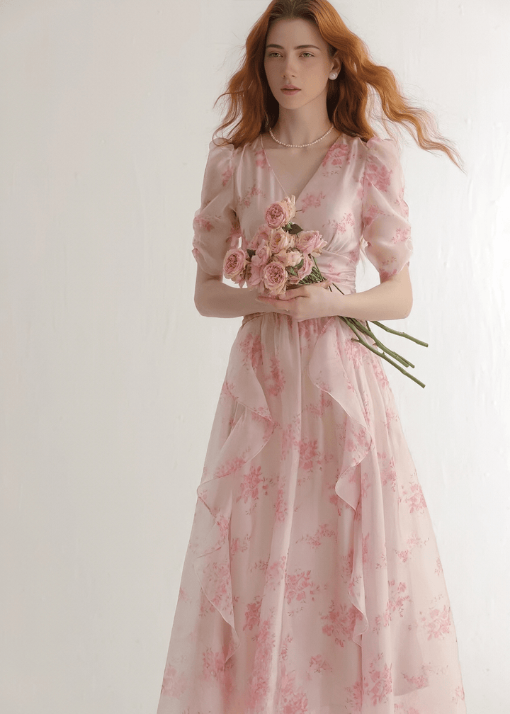 FLORAL V - NECK RUFFLE MAXI DRESS - ANLEM