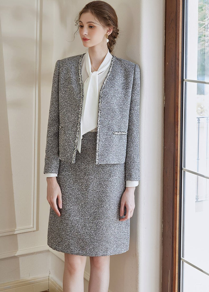 FLOWER GRAY TWEED JACKET & SKIRT - ANLEM