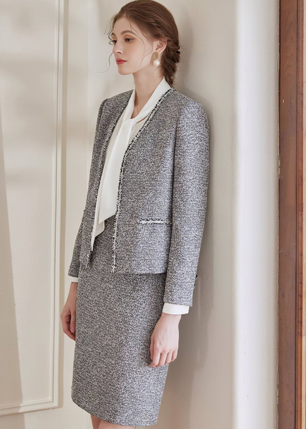 FLOWER GRAY TWEED JACKET & SKIRT - ANLEM