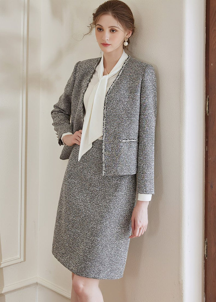 FLOWER GRAY TWEED JACKET & SKIRT - ANLEM