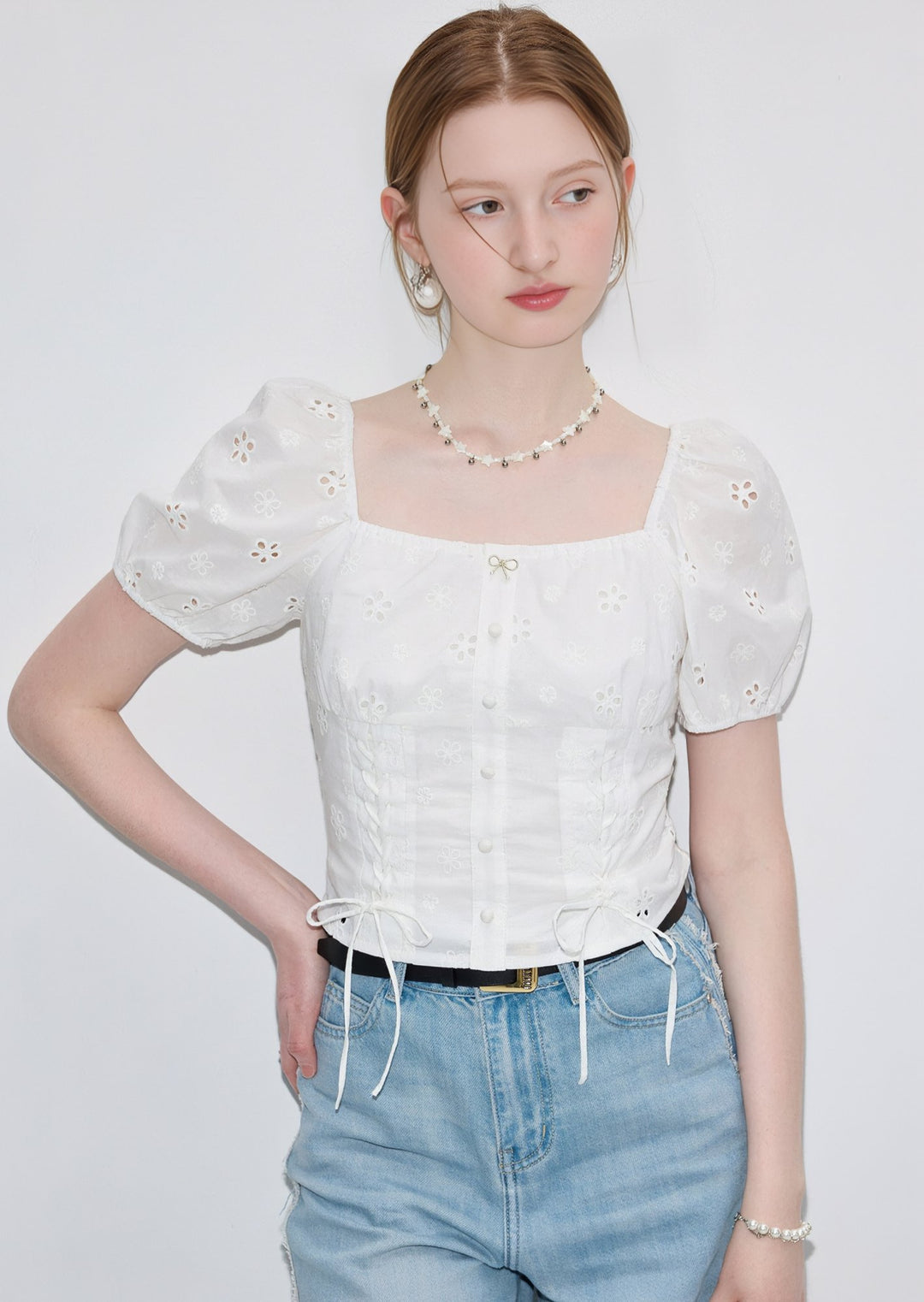FRENCH SQUARE NECK JACQUARD TOPS - ANLEM