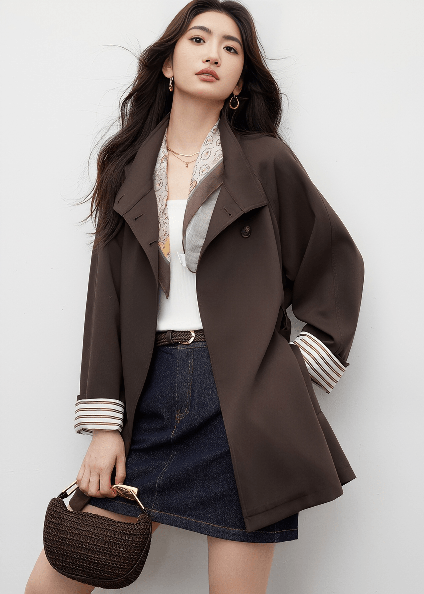 FUNNEL NECK BELTED BUTTON JACKET - ANLEM