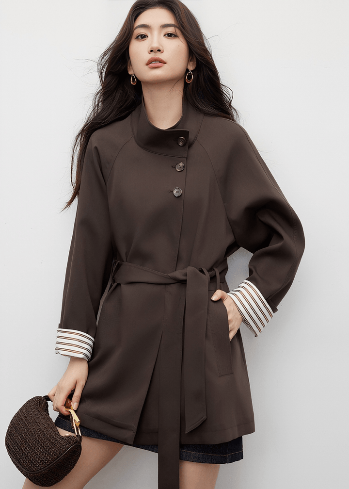 FUNNEL NECK BELTED BUTTON JACKET - ANLEM