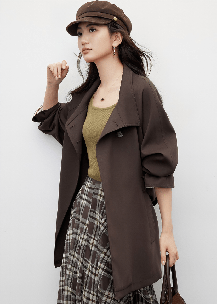 FUNNEL NECK BELTED BUTTON JACKET - ANLEM