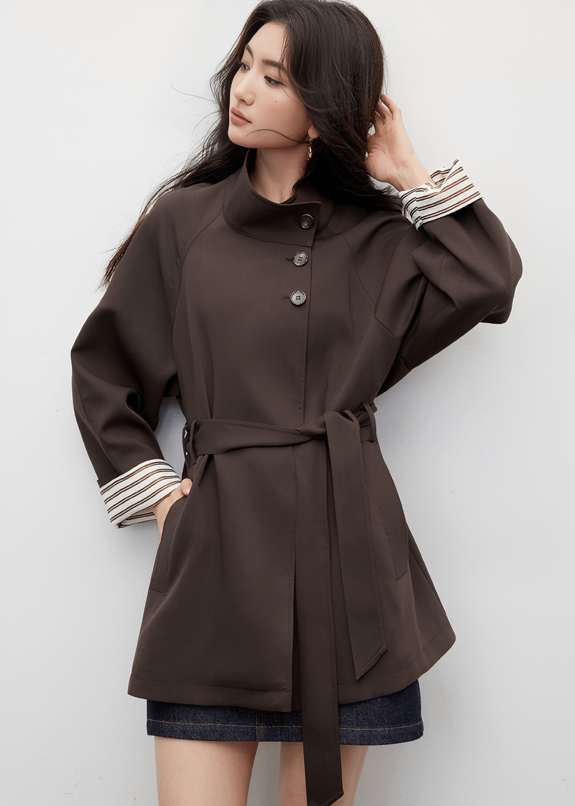 FUNNEL NECK BELTED BUTTON JACKET - ANLEM