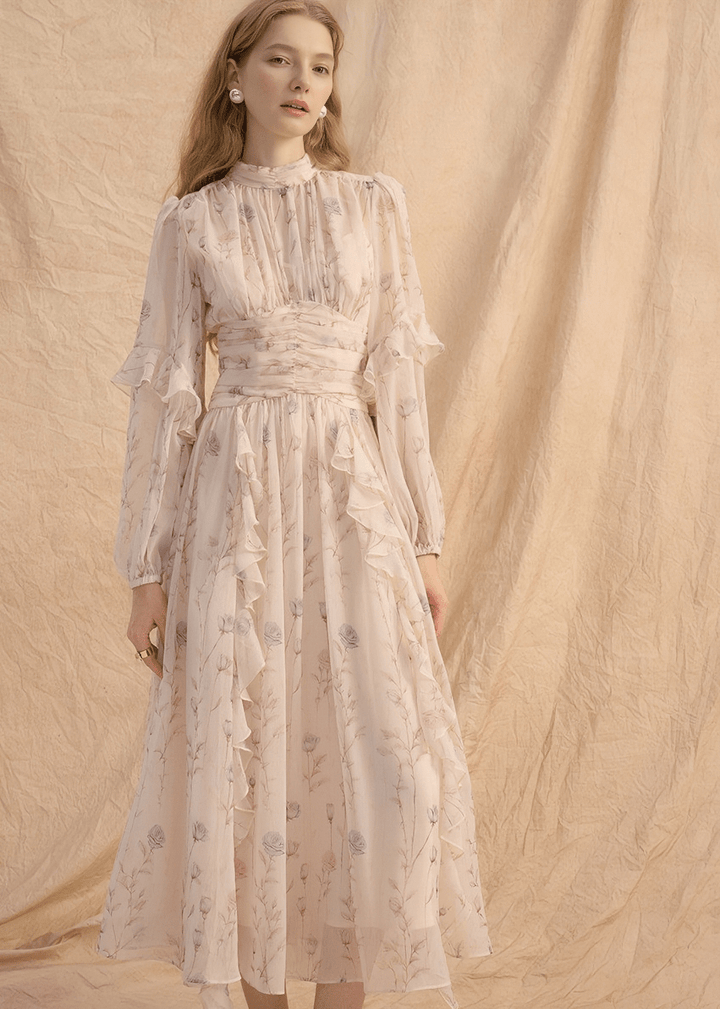 GATHERED HIGH - NECK ELEGANT FLOW DRESS - ANLEM