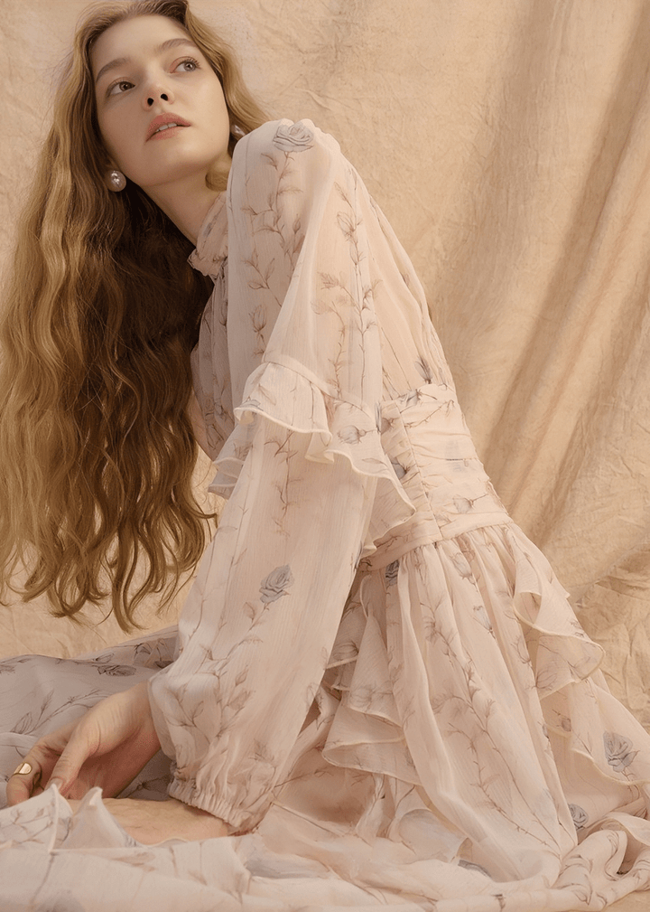 GATHERED HIGH - NECK ELEGANT FLOW DRESS - ANLEM