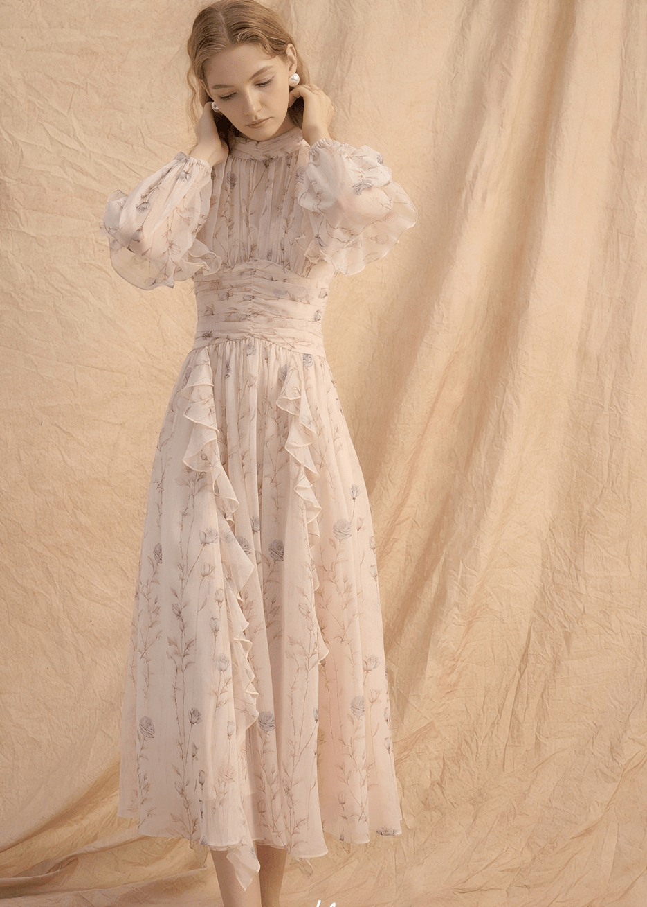 GATHERED HIGH - NECK ELEGANT FLOW DRESS - ANLEM