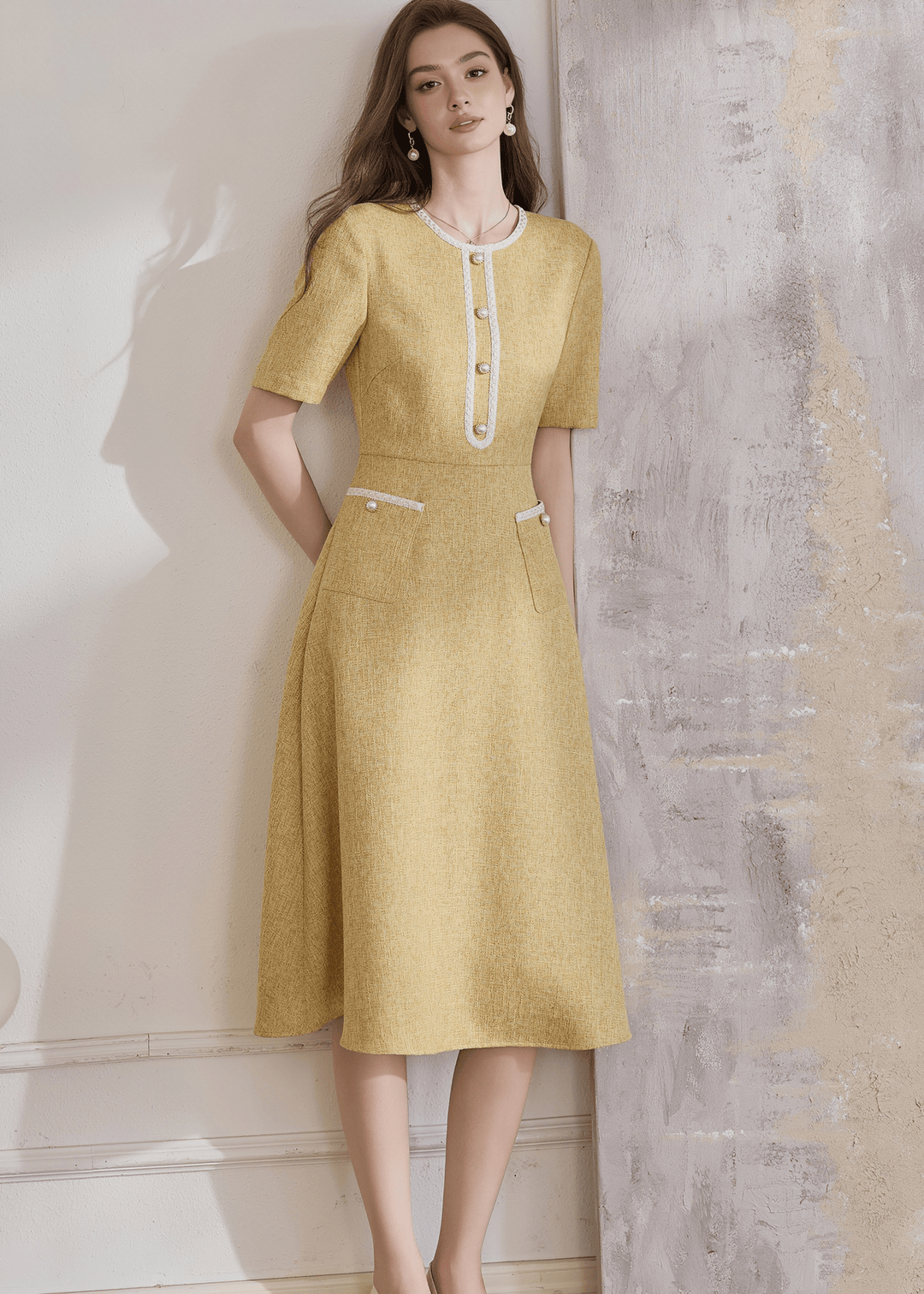 GOLDEN FLARED MIDI HENLEY DRESS - ANLEM