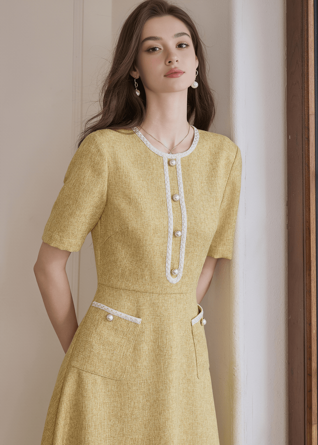 GOLDEN FLARED MIDI HENLEY DRESS - ANLEM