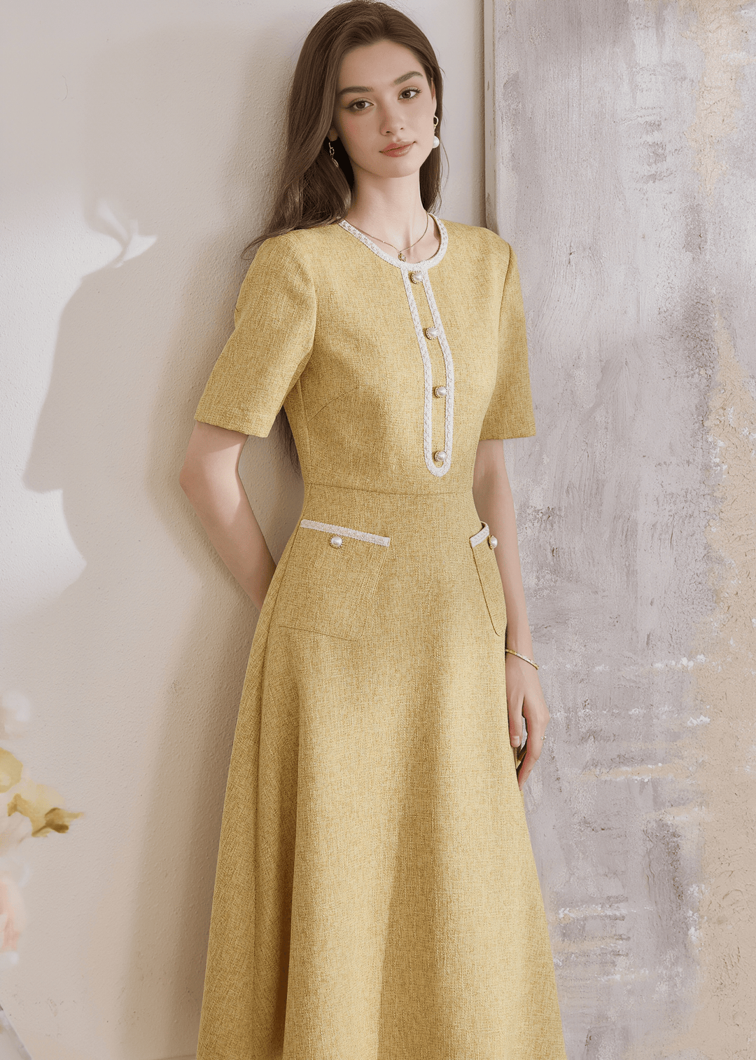 GOLDEN FLARED MIDI HENLEY DRESS - ANLEM