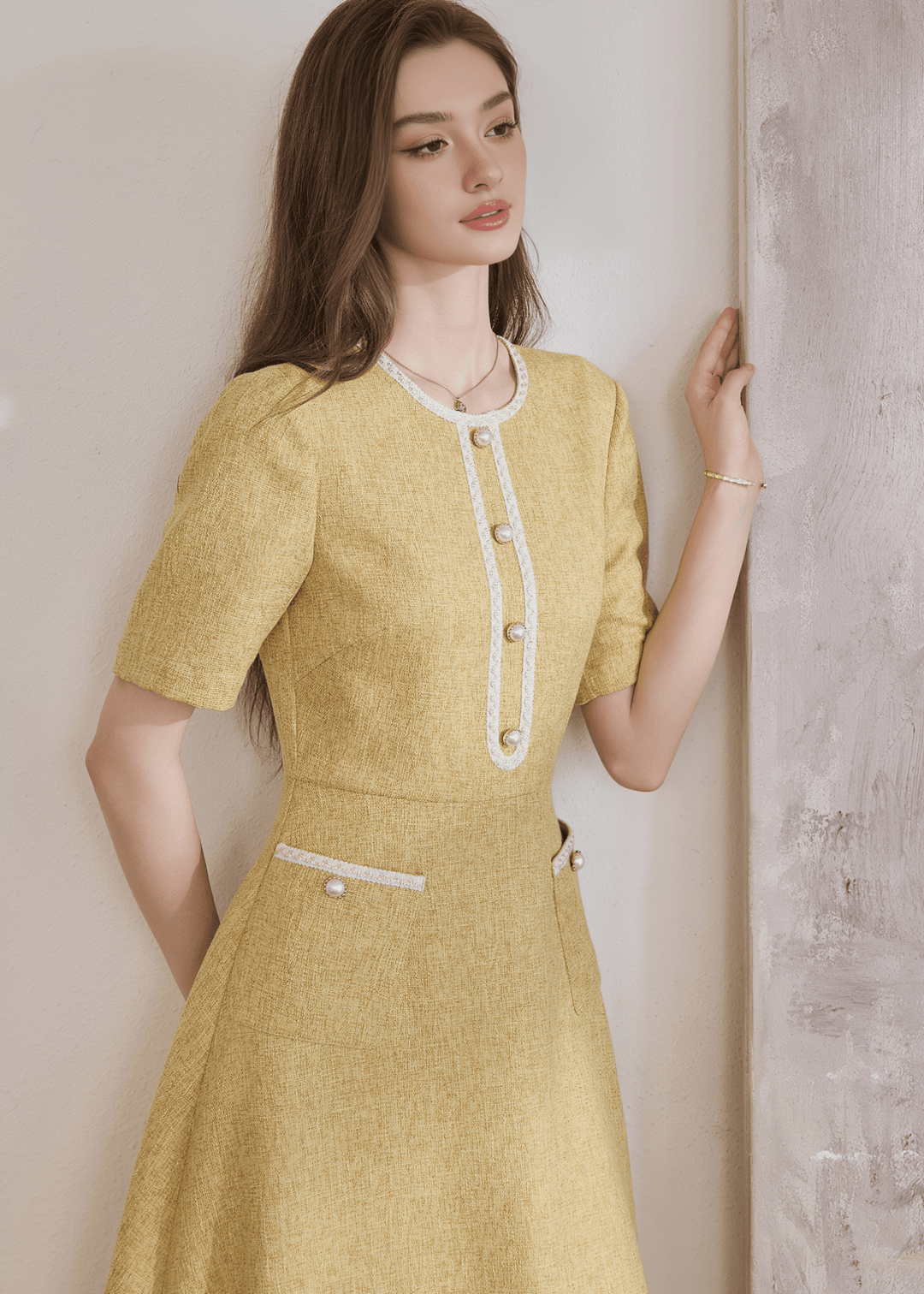 GOLDEN FLARED MIDI HENLEY DRESS - ANLEM